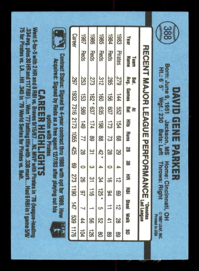 1988 Donruss #388 Dave Parker NM-MT Cincinnati Reds Baseball Card - Baseball Card Single