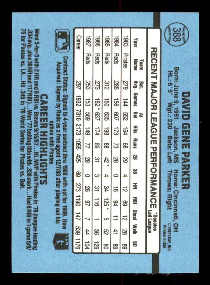 1988 Donruss #388 Dave Parker NM Near Mint Reds - Baseball Card Single