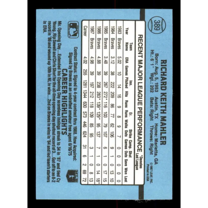 1988 Donruss #389 Rick Mahler EX Atlanta Braves Baseball Card