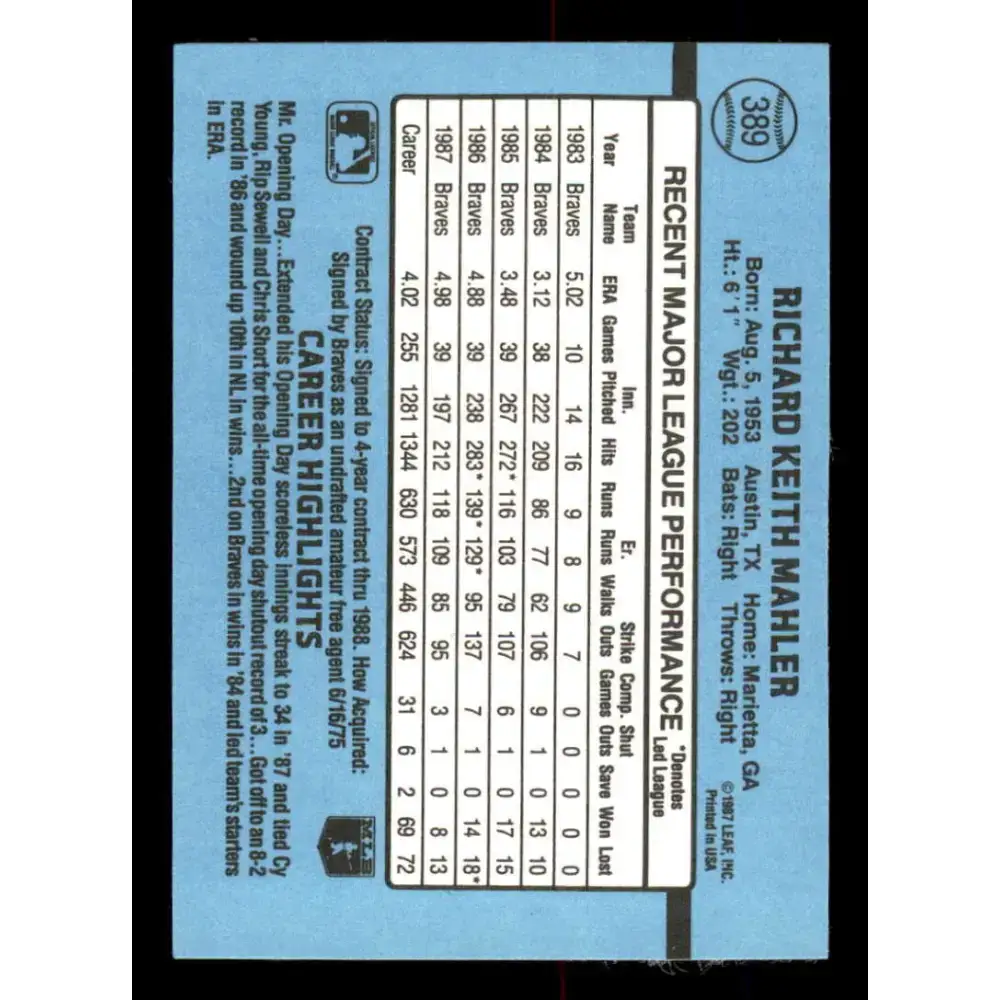 1988 Donruss #389 Rick Mahler EX Atlanta Braves Baseball Card - Baseball Card Single