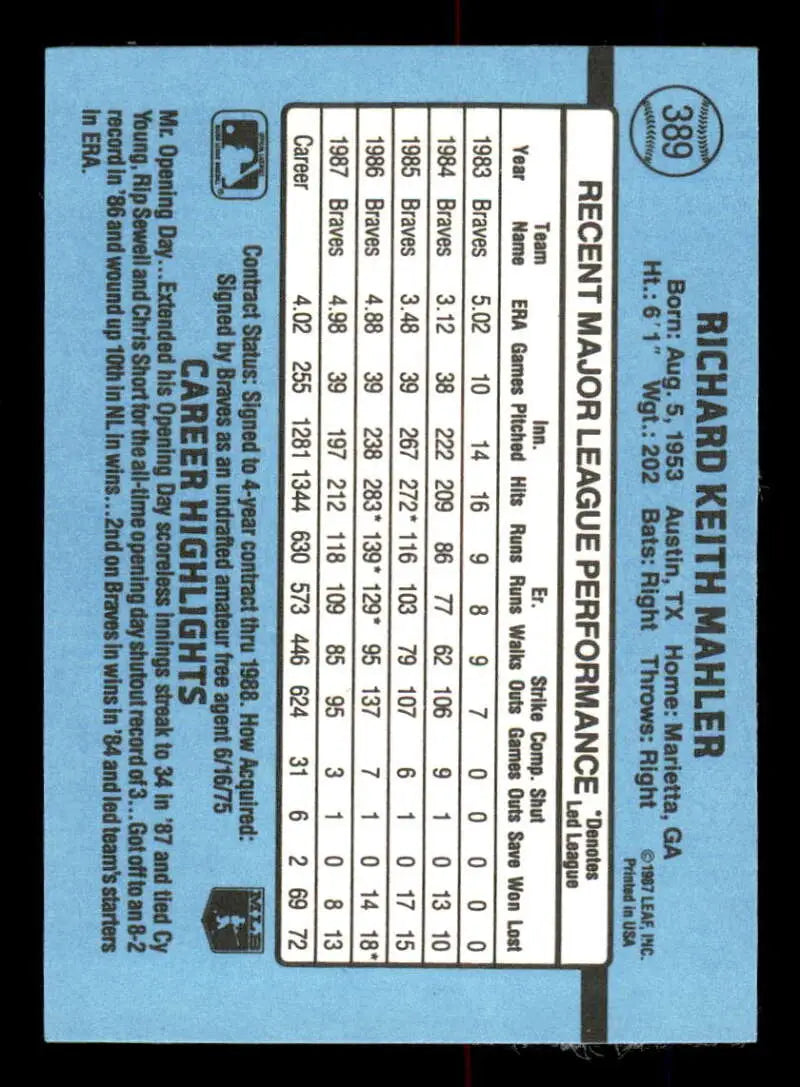 1988 Donruss #389 Rick Mahler NM-MT Atlanta Braves Baseball Card - Baseball Card Single