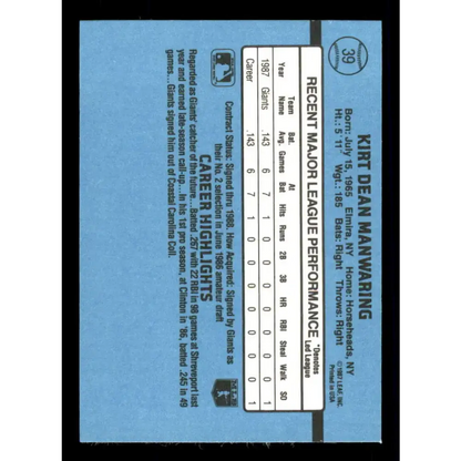 1988 Donruss #39 Kirt Manwaring EX RC Rookie San Francisco Giants Baseball Card