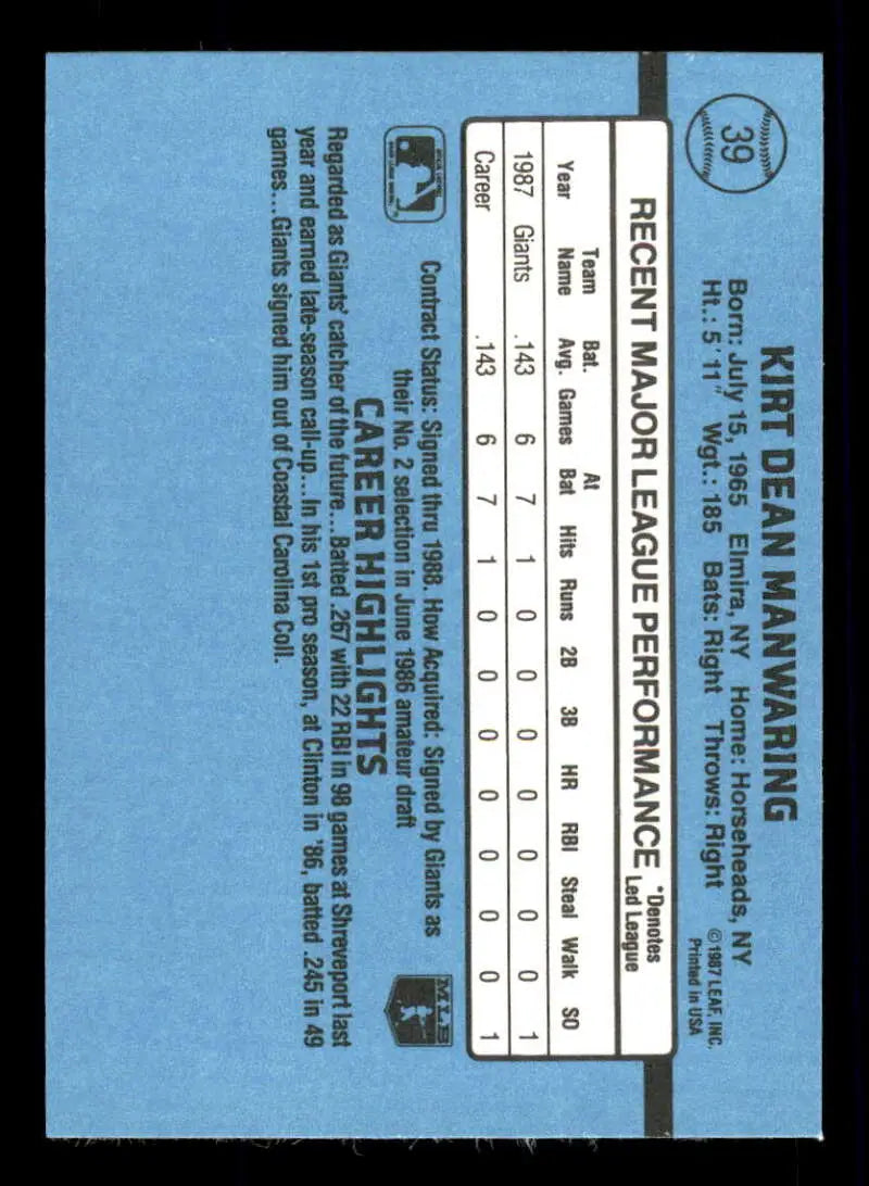 1988 Donruss #39 Kirt Manwaring NM-MT RC Rookie San Francisco Giants Baseball Card - Baseball Card Single
