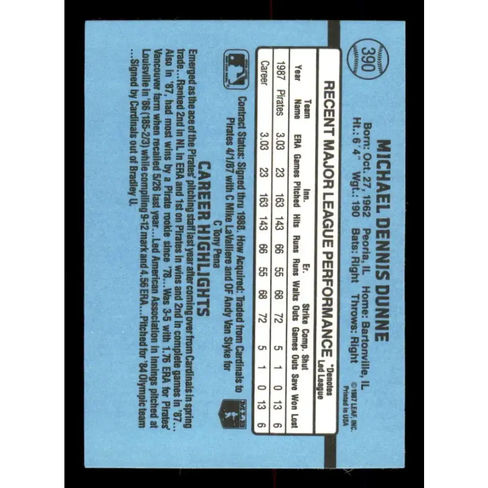 1988 Donruss #390 Mike Dunne EX Pittsburgh Pirates Baseball Card