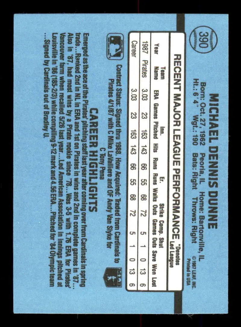 1988 Donruss #390 Mike Dunne NM-MT Pittsburgh Pirates Baseball Card - Baseball Card Single