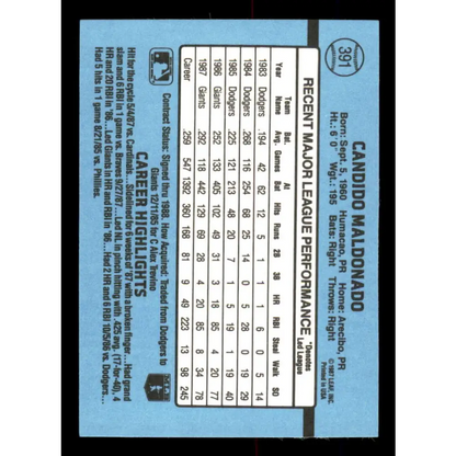 1988 Donruss #391 Candy Maldonado EX San Francisco Giants Baseball Card Image 2