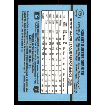 1988 Donruss #392 Bob Dernier EX Chicago Cubs Baseball Card Image 2