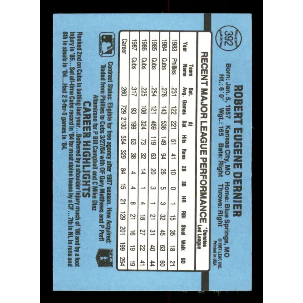 1988 Donruss #392 Bob Dernier EX Chicago Cubs Baseball Card - Baseball Card Single