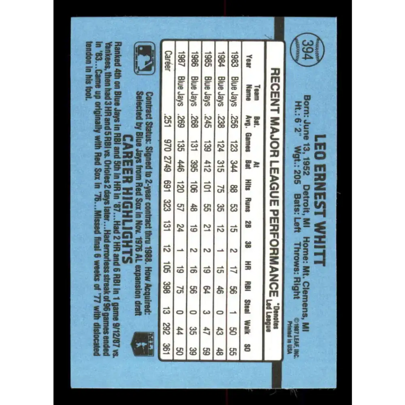 1988 Donruss #394 Ernie Whitt EX Toronto Blue Jays Baseball Card - Baseball Card Single