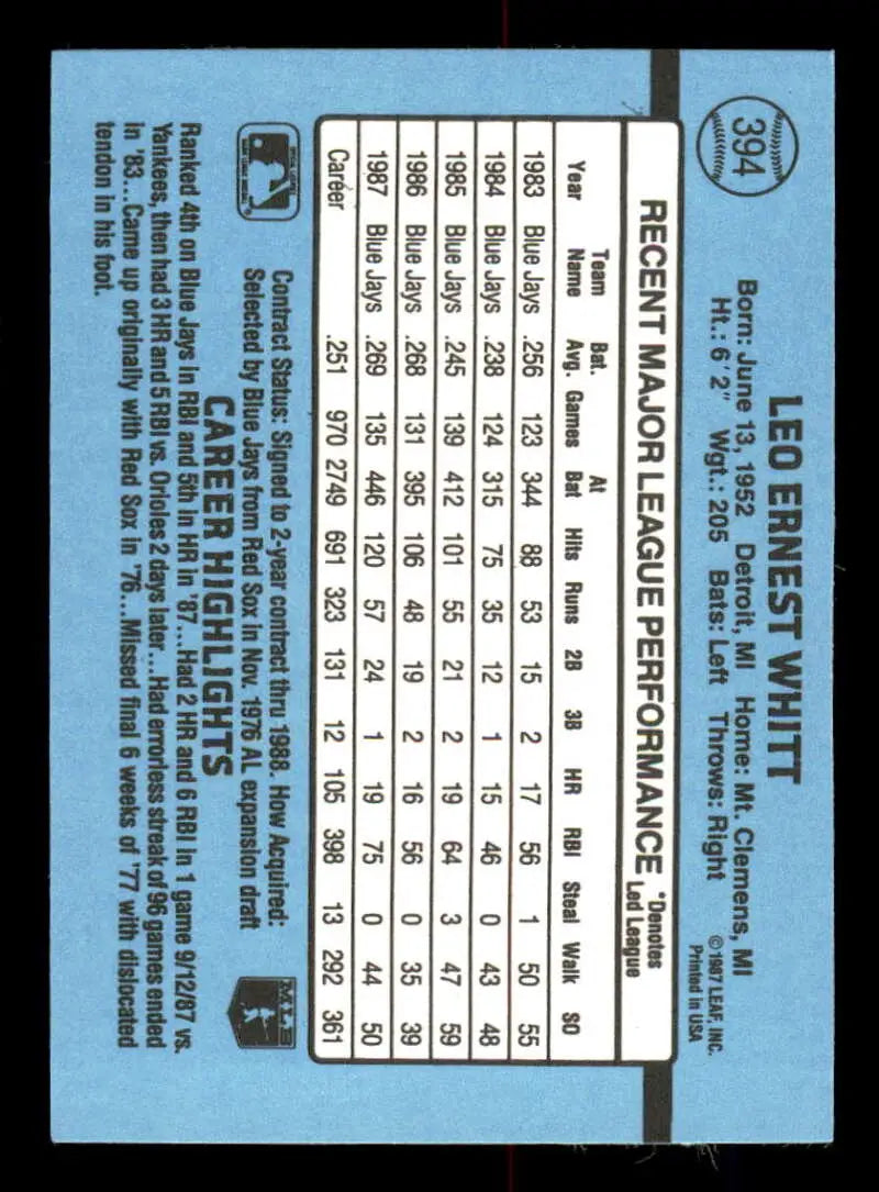 1988 Donruss #394 Ernie Whitt NM-MT Toronto Blue Jays Baseball Card - Baseball Card Single