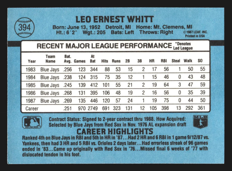 1988 Donruss #394 Ernie Whitt Toronto Blue Jays
