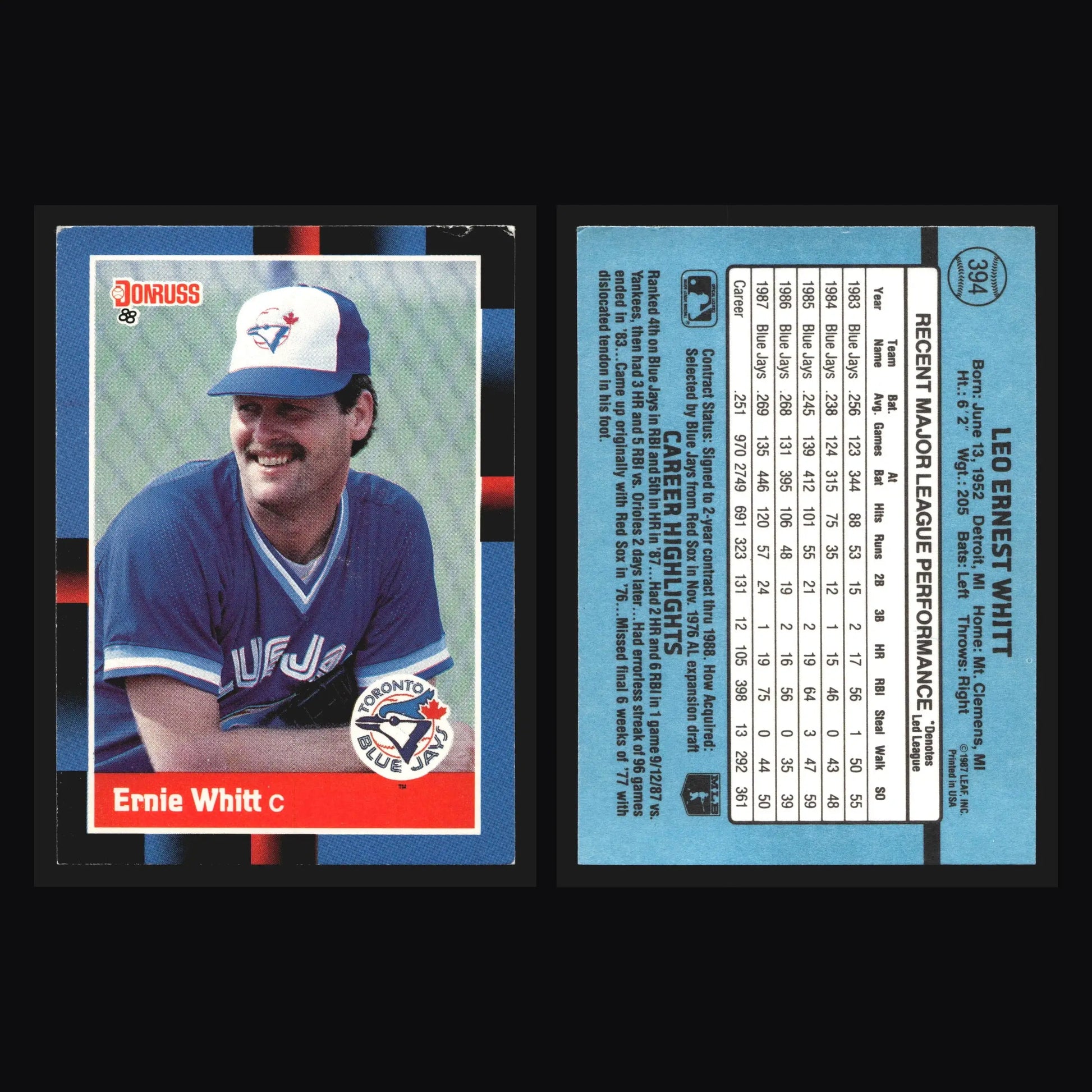 1988 Donruss #394 Ernie Whitt Toronto Blue Jays