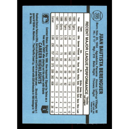 1988 Donruss #395 Juan Berenguer EX Minnesota Twins Baseball Card Image 2