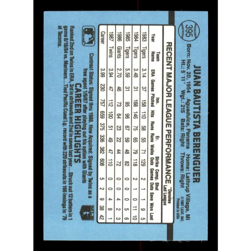 1988 Donruss #395 Juan Berenguer EX Minnesota Twins Baseball Card - Baseball Card Single