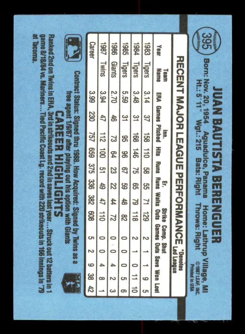 1988 Donruss #395 Juan Berenguer NM-MT Minnesota Twins Baseball Card - Baseball Card Single