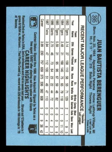 1988 Donruss #395 Juan Berenguer NM Near Mint Twins - Baseball Card Single