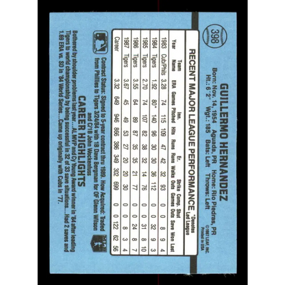 1988 Donruss #398 Willie Hernandez EX Detroit Tigers Baseball Card Image 2