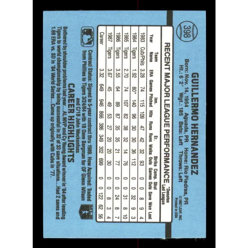 1988 Donruss #398 Willie Hernandez EX Detroit Tigers Baseball Card - Baseball Card Single