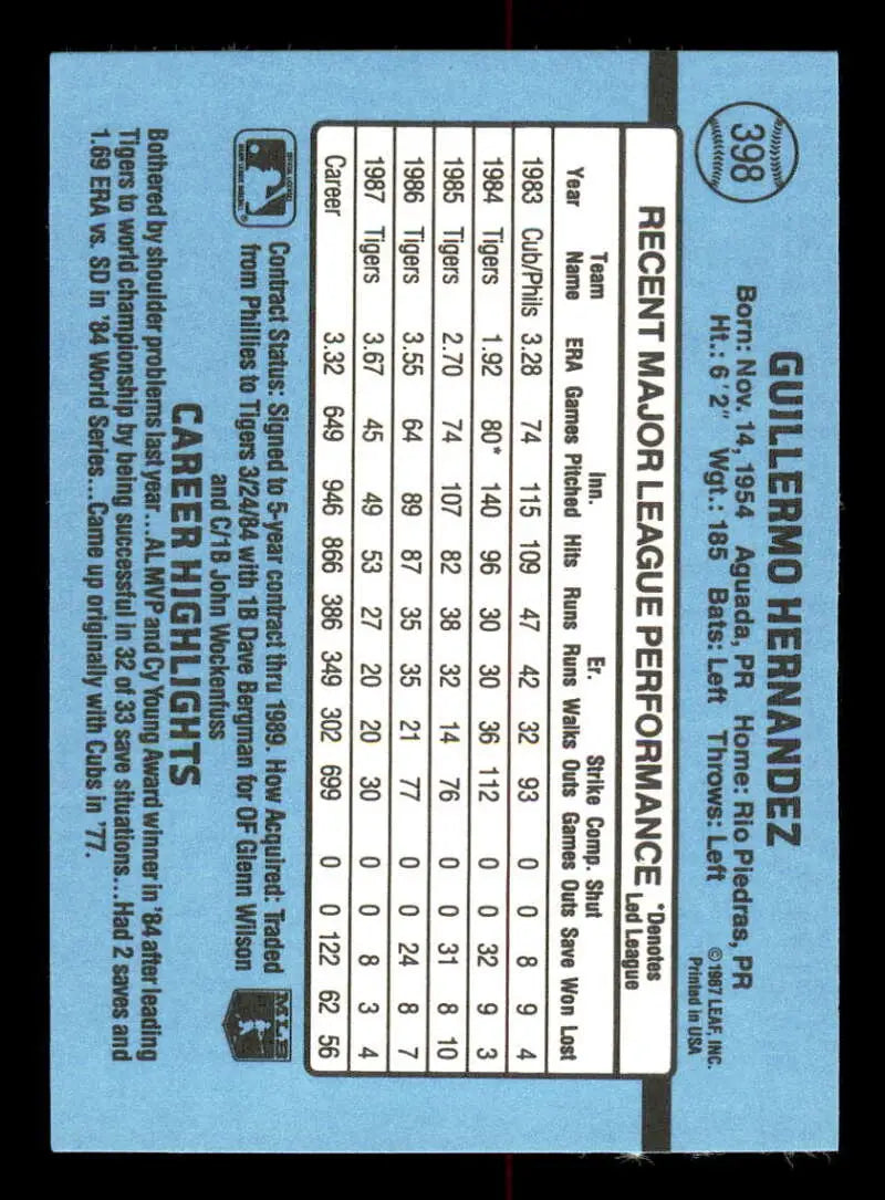 1988 Donruss #398 Willie Hernandez NM-MT Detroit Tigers Baseball Card - Baseball Card Single
