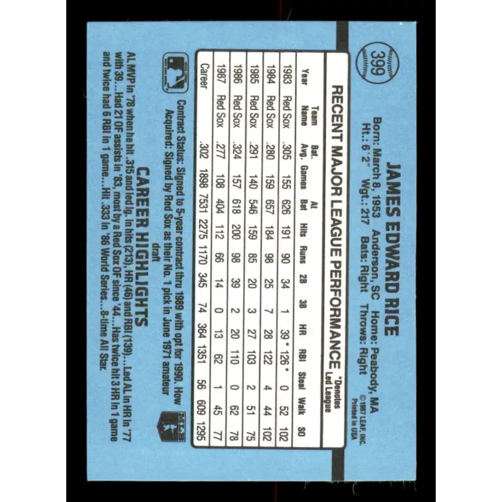 1988 Donruss #399 Jim Rice EX Boston Red Sox Baseball Card - Baseball Card Single