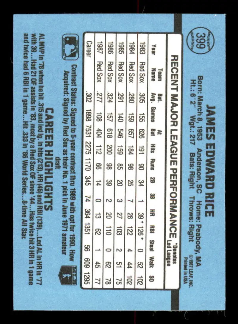 1988 Donruss #399 Jim Rice NM-MT Boston Red Sox Baseball Card - Baseball Card Single