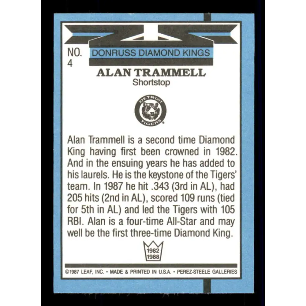 1988 Donruss #4 Alan Trammell DK EX Detroit Tigers Baseball Card Image 2