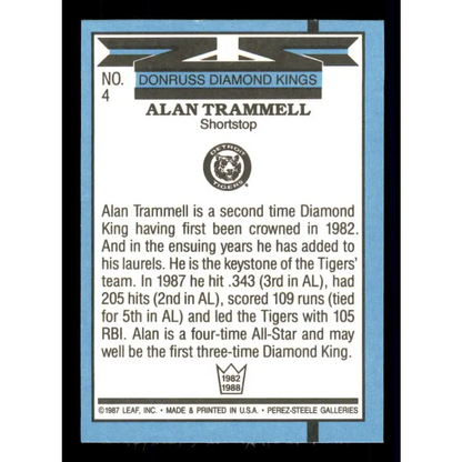1988 Donruss #4 Alan Trammell DK EX Detroit Tigers Baseball Card Image 2