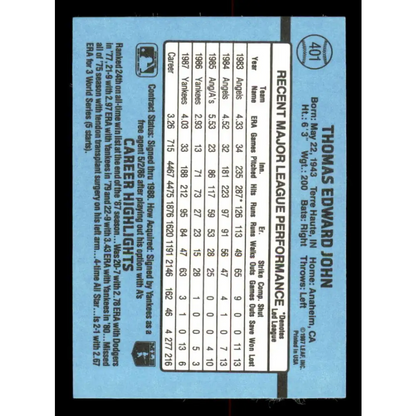 1988 Donruss #401 Tommy John EX New York Yankees Baseball Card Image 2