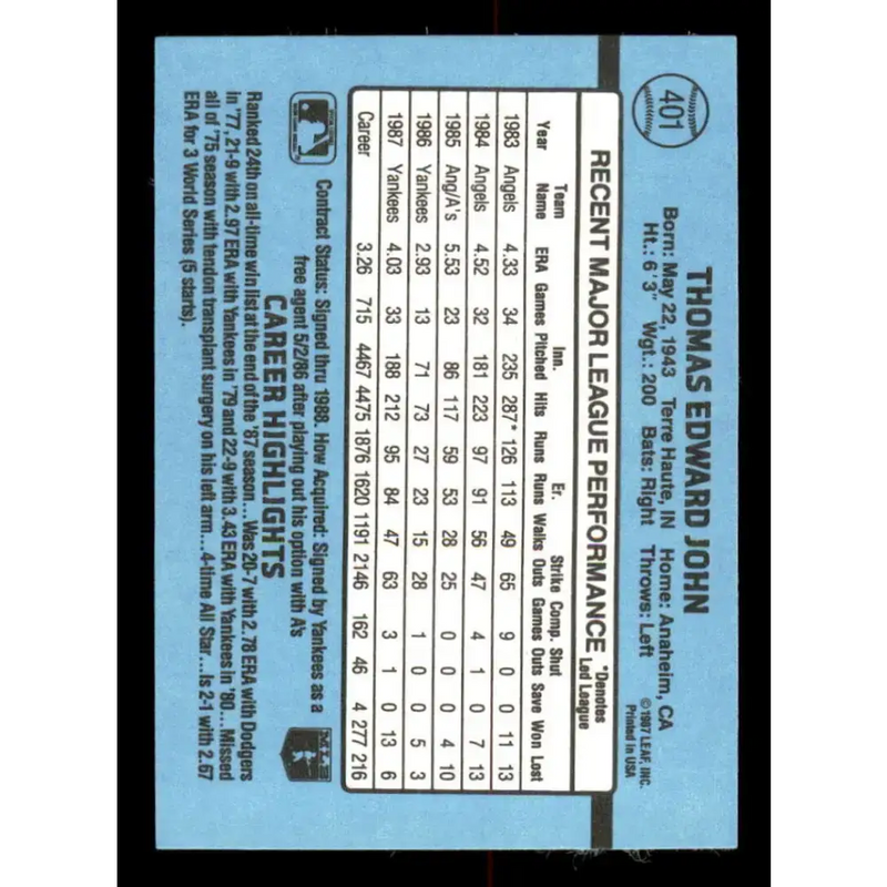 1988 Donruss #401 Tommy John EX New York Yankees Baseball Card - Baseball Card Single