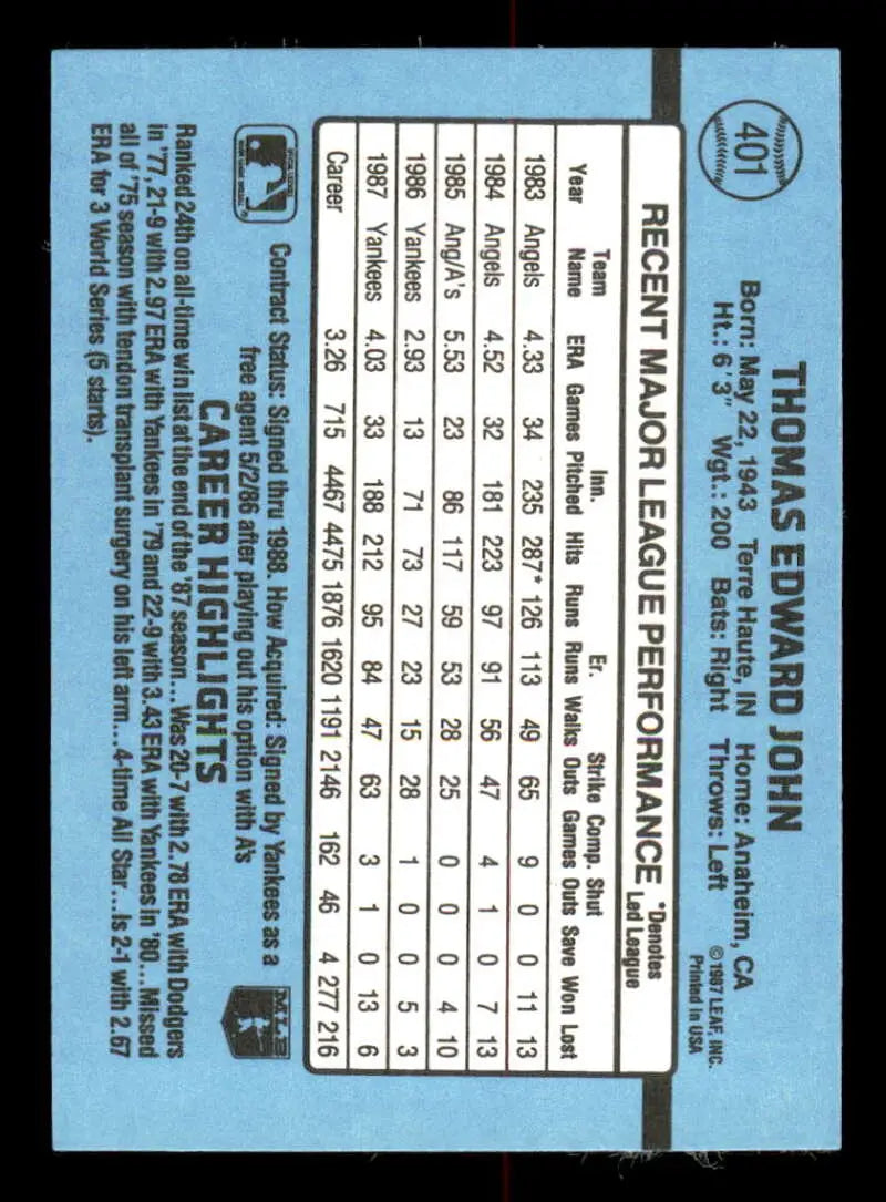 1988 Donruss #401 Tommy John NM-MT New York Yankees Baseball Card - Baseball Card Single