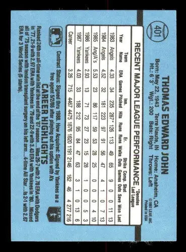 1988 Donruss #401 Tommy John NM-MT Yankees - Baseball Card Single