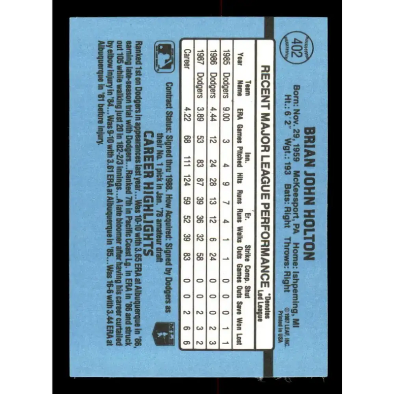 1988 Donruss #402 Brian Holton EX Los Angeles Dodgers Baseball Card - Baseball Card Single