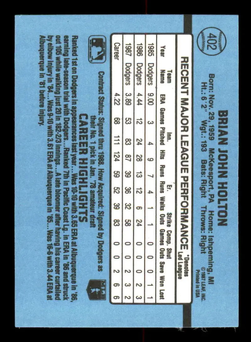 1988 Donruss #402 Brian Holton NM-MT Los Angeles Dodgers Baseball Card - Baseball Card Single