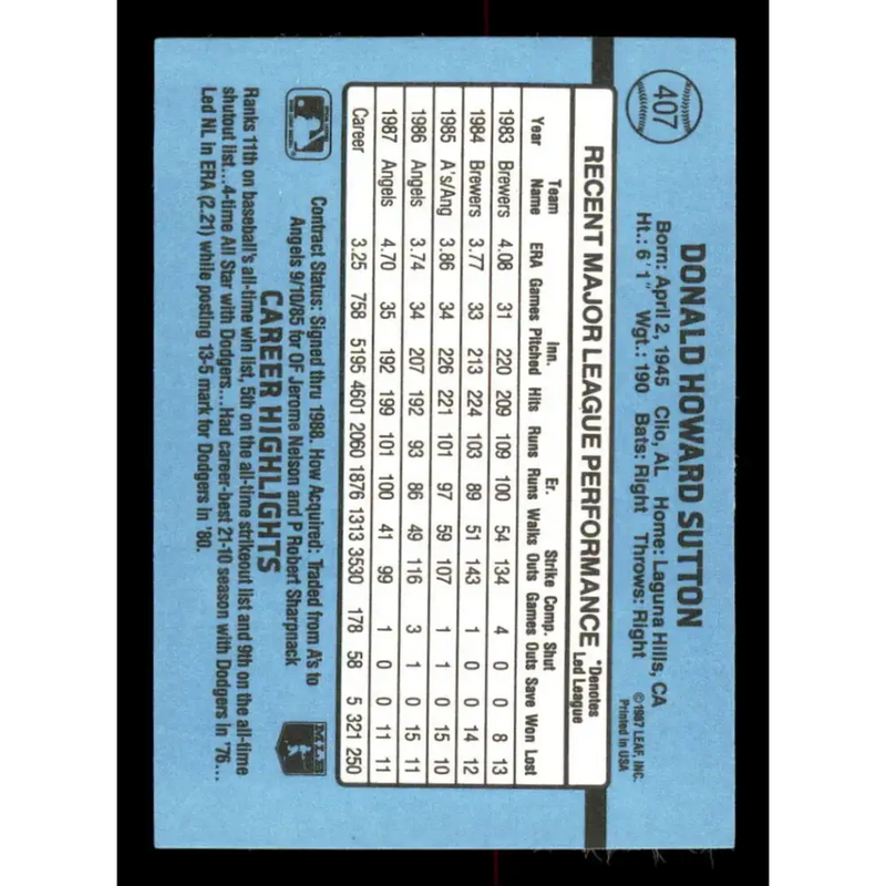 1988 Donruss #407 Don Sutton EX California Angels Baseball Card - Baseball Card Single