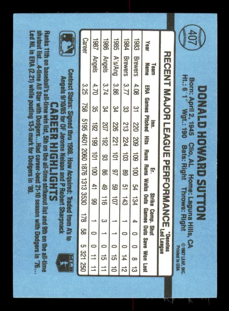 1988 Donruss #407 Don Sutton NM-MT California Angels Baseball Card - Baseball Card Single