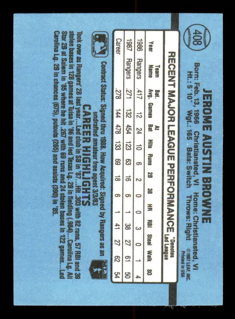 1988 Donruss #408 Jerry Browne NM-MT Texas Rangers Baseball Card - Baseball Card Single