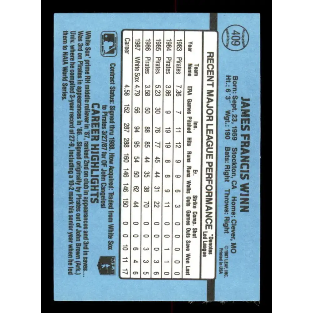 1988 Donruss #409 Jim Winn EX Chicago White Sox Baseball Card - Baseball Card Single