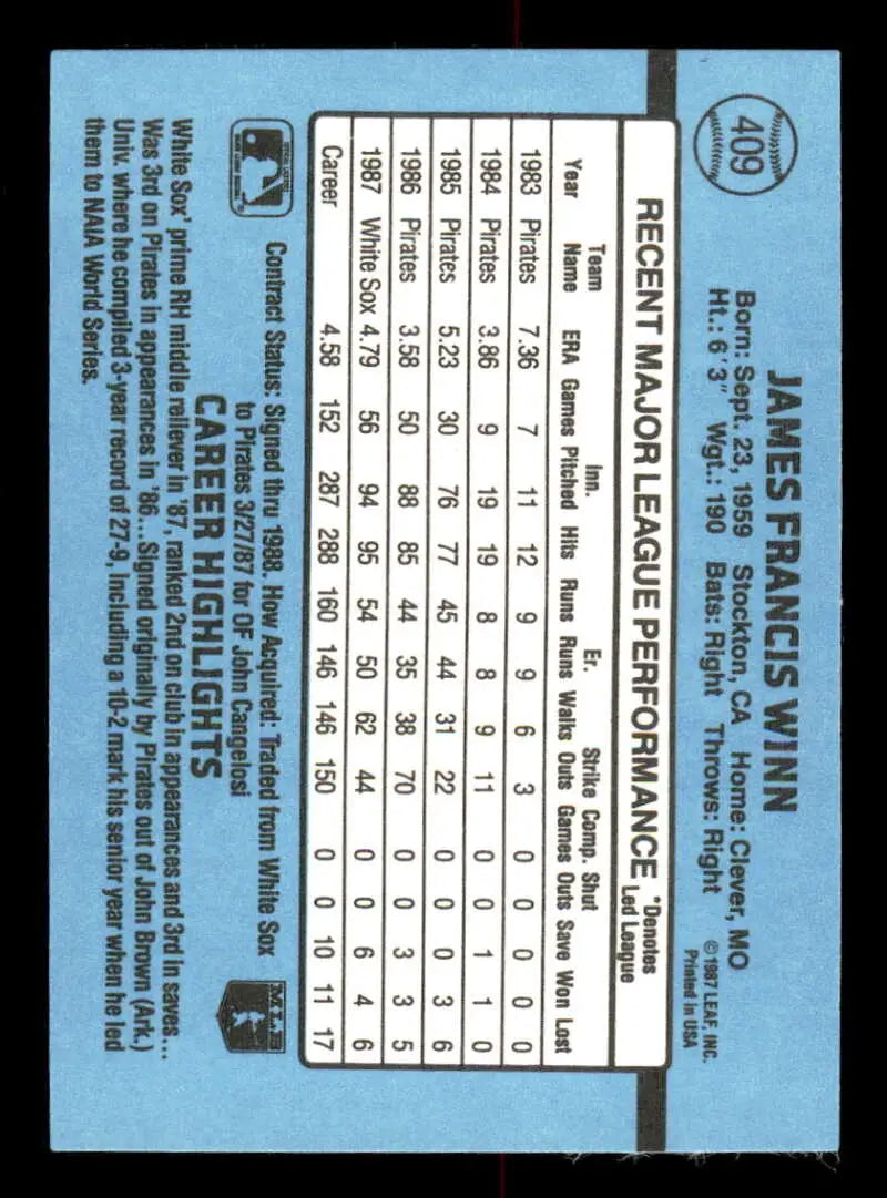 1988 Donruss #409 Jim Winn NM-MT Chicago White Sox Baseball Card - Baseball Card Single