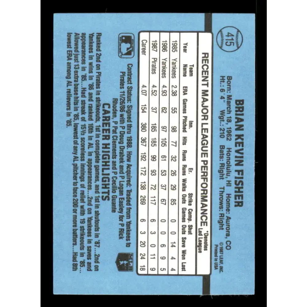 1988 Donruss #415 Brian Fisher EX Pittsburgh Pirates Baseball Card