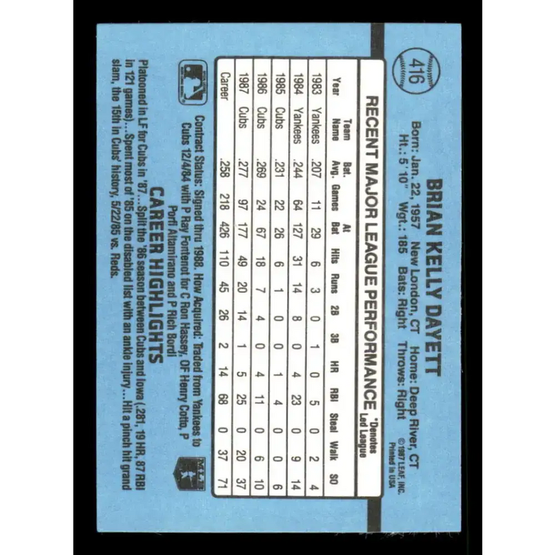 1988 Donruss #416 Brian Dayett EX Chicago Cubs Baseball Card - Baseball Card Single