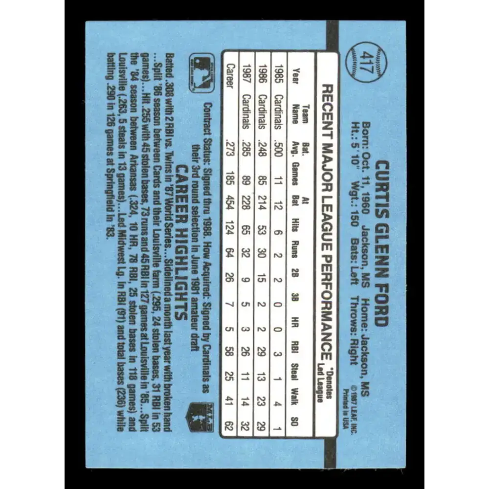 1988 Donruss #417 Curt Ford EX St. Louis Cardinals Baseball Card