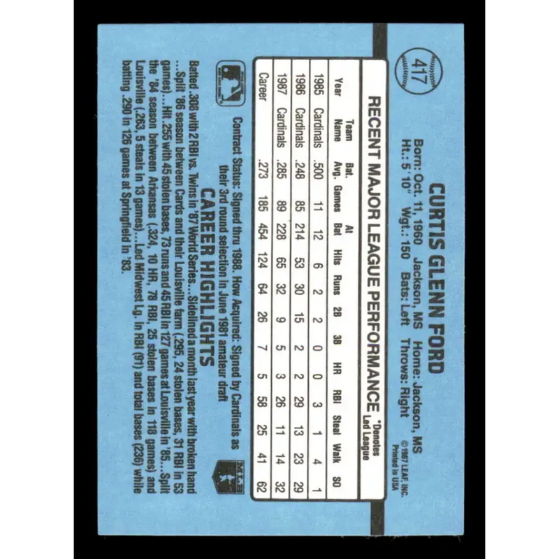 1988 Donruss #417 Curt Ford EX St. Louis Cardinals Baseball Card - Baseball Card Single
