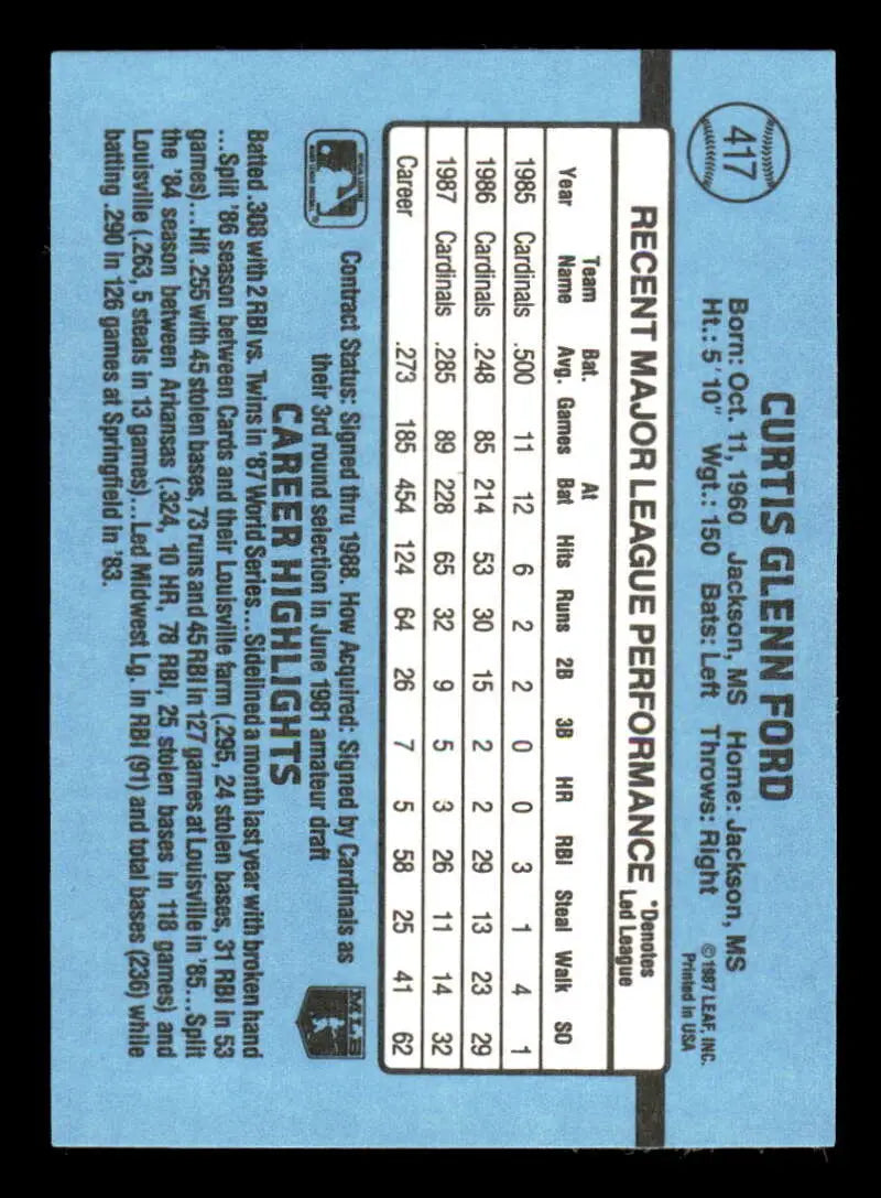 1988 Donruss #417 Curt Ford NM-MT St. Louis Cardinals Baseball Card - Baseball Card Single