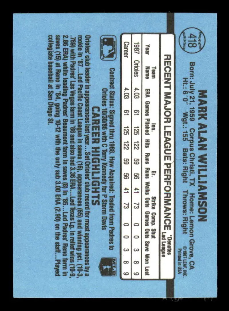 1988 Donruss #418 Mark Williamson NM-MT Baltimore Orioles Baseball Card - Baseball Card Single