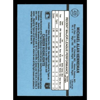 1988 Donruss #420 Mike Henneman EX RC Rookie Detroit Tigers Baseball Card