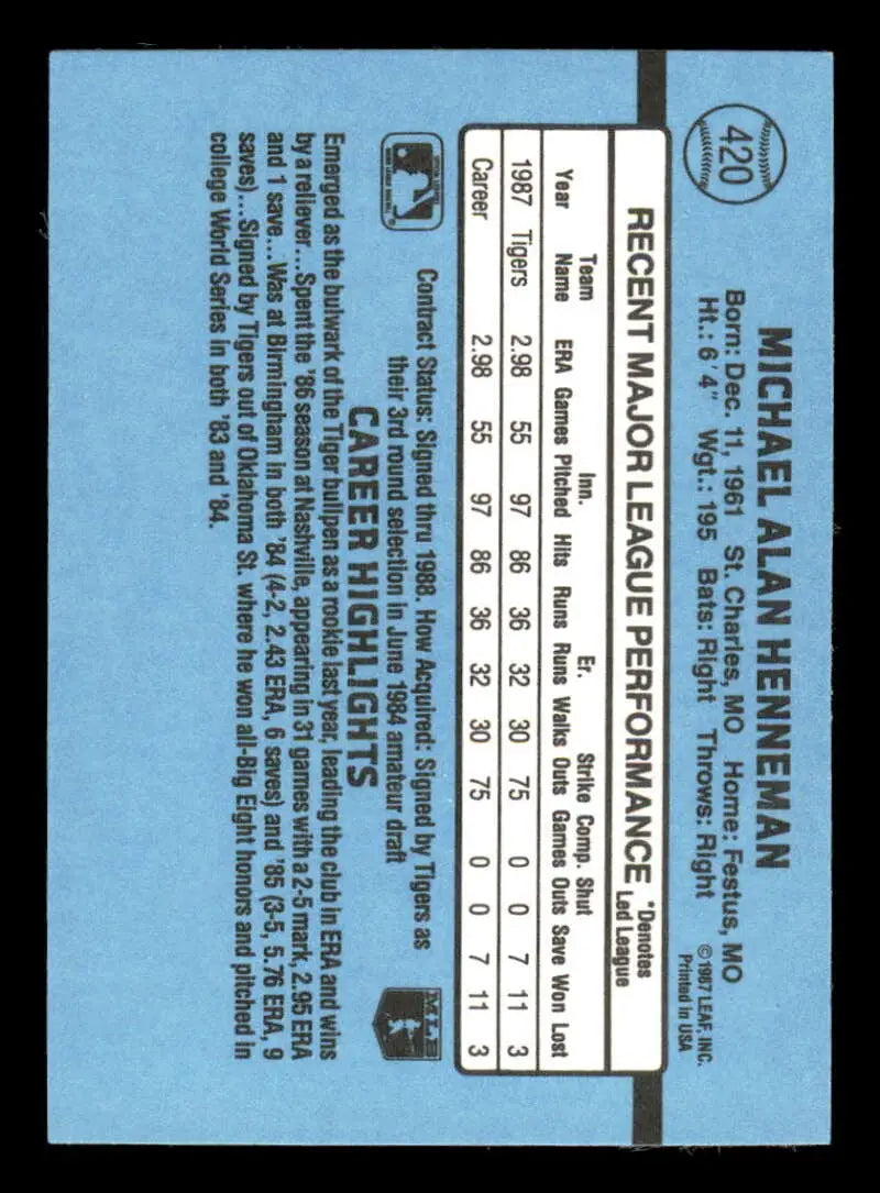 1988 Donruss #420 Mike Henneman NM-MT RC Rookie Detroit Tigers Baseball Card - Baseball Card Single