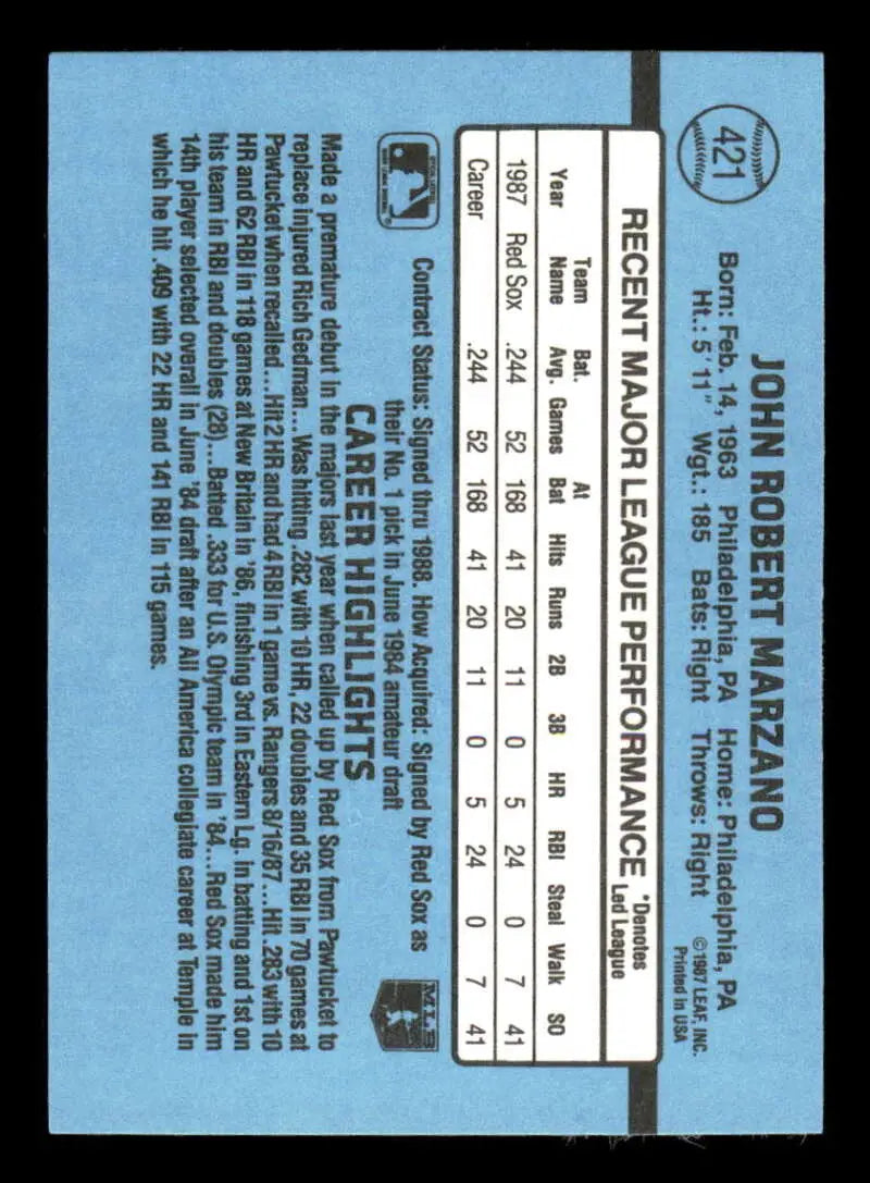 1988 Donruss #421 John Marzano NM-MT Boston Red Sox Baseball Card - Baseball Card Single