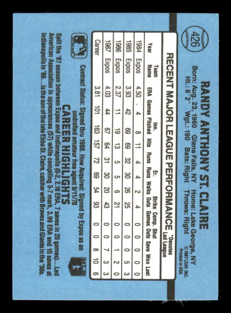 1988 Donruss #426 Randy St. Claire NM-MT Montreal Expos Baseball Card - Baseball Card Single