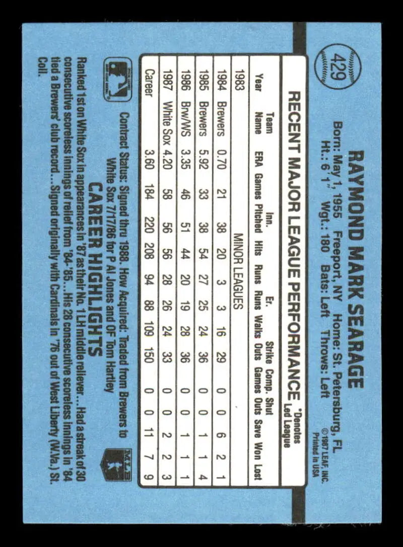 1988 Donruss #429 Ray Searage NM-MT Chicago White Sox Baseball Card - Baseball Card Single