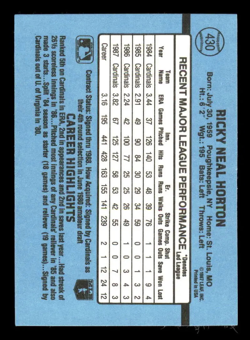 1988 Donruss #430 Ricky Horton NM-MT St. Louis Cardinals Baseball Card - Baseball Card Single